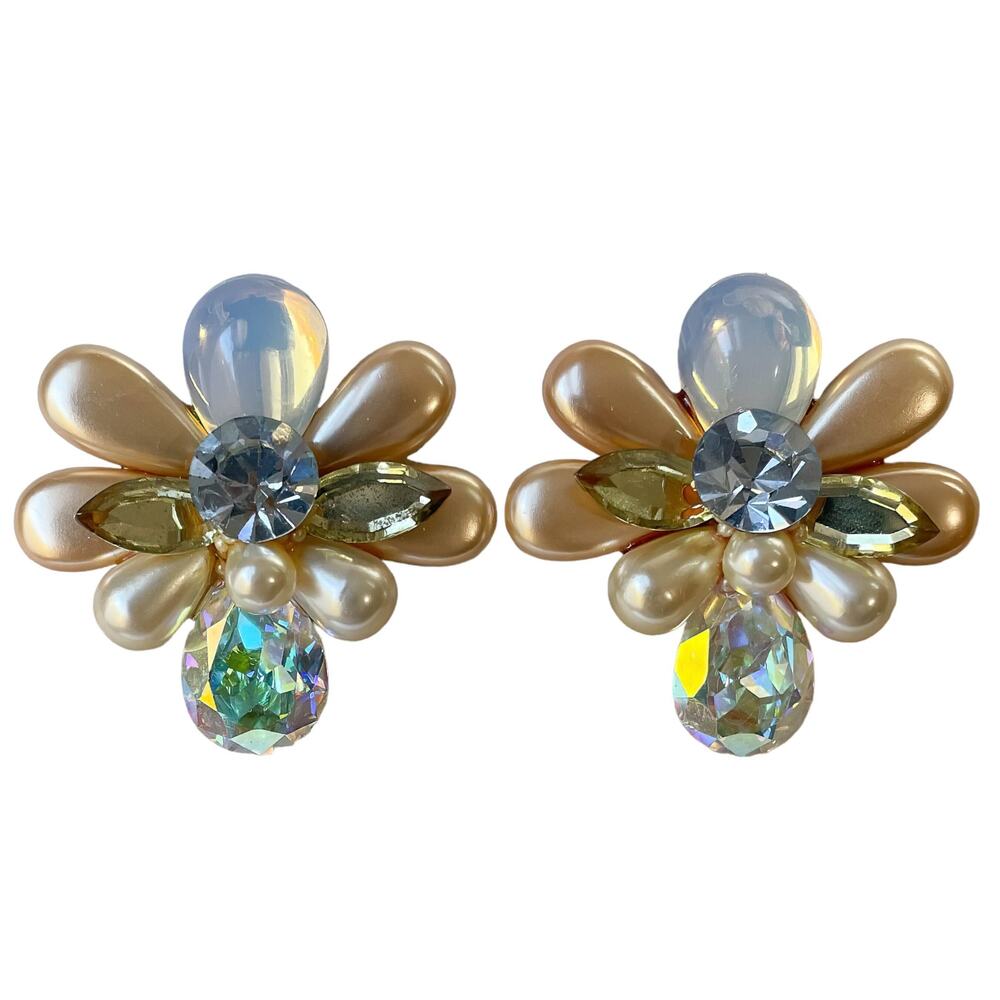 1980s Wendy Gell Opal Blue White Rhinestone Faux Pearls Flower Clip Earrings